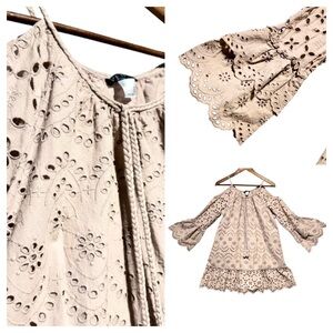 VENUS Boho Eyelet Cold Shoulder Mini Dress Prairie Fairycore